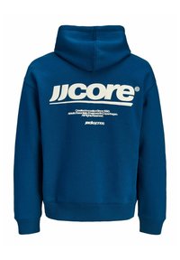 Blauwe hoodie met grote witte tekst "JJ core" en kleinere "jack & jones" branding op de achterkant.
