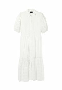 Abito bianco con bottoni nella parte frontale, maniche corte a sbuffo e tessuto ad occhiello. Presenta un fondo a strati e un colletto. Materiale in cotone.