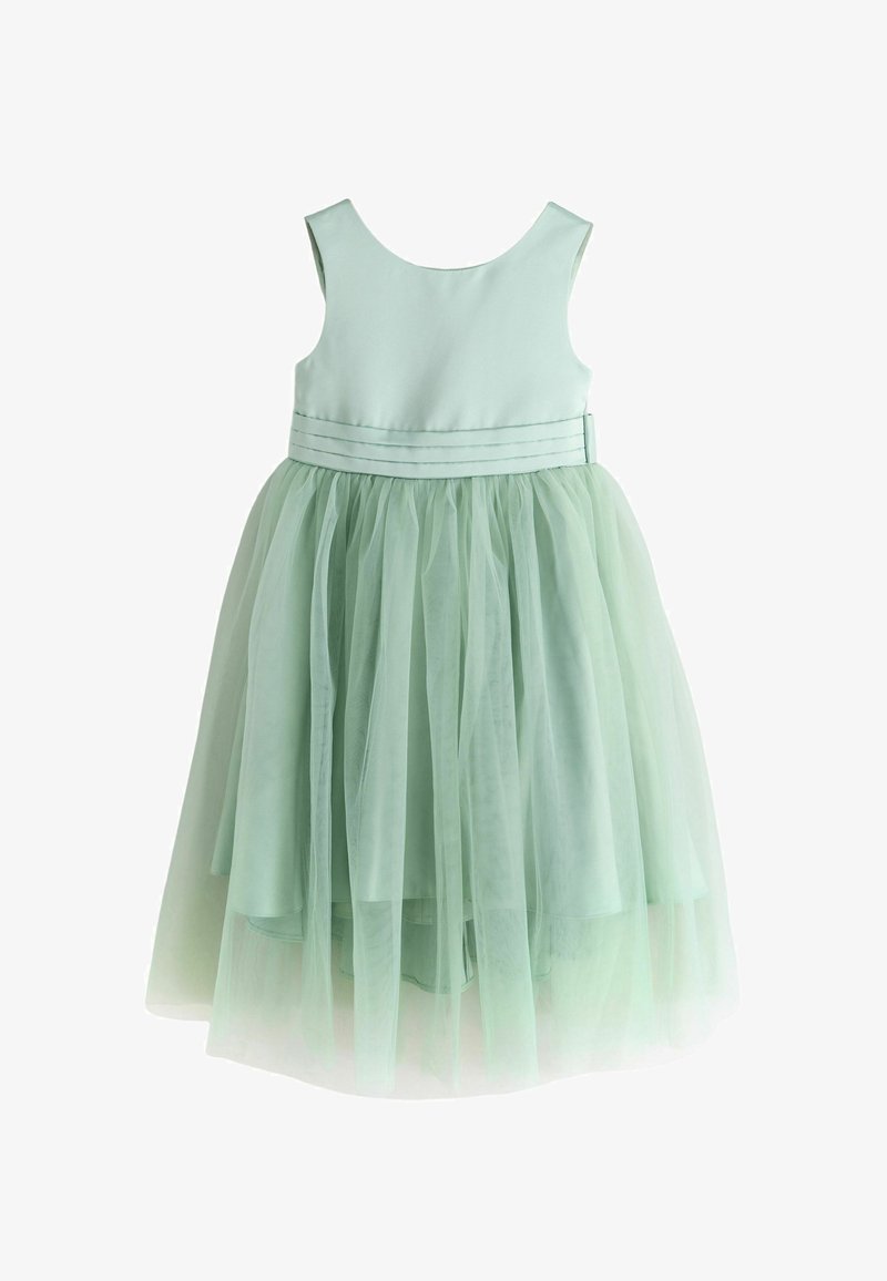 Minzgrünes Kleid mit ärmellosem Oberteil und mehrlagigem Tüllrock. Verfügt über ein glattes Oberteil, einen gerafften Taillenbereich und einen Saum, der sanft ausläuft.