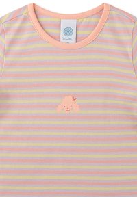 Leichtes Baumwoll-T-Shirt mitpastellfarbenen horizontalen Streifen in Pink, Gelb und Lavendel. Mit einem kleinen Pudel-Graphic, das auf der Brust zentriert ist.