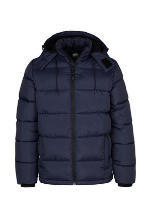 Merijinan puffer takki, jossa on vetoketju edessä, säädettävä huppu ja mustat yksityiskohdat. Varustettu joustavilla hihansuilla ja vaakasuorilla tikatuilla kuviolla eristyksen lisäämiseksi.