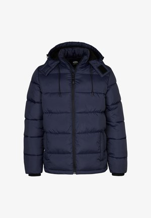 Doudoune navy avec zip à l'avant, capuche réglable et accents noirs. Elle dispose de poignets élastiques et de motifs matelassés horizontaux pour l'isolation.