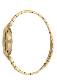 Reloj dorado con caja redonda, esfera verde y pulsera de eslabones. El diseño presenta una textura sutil y una corona texturizada.