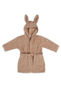 Peignoir tan en tissu pelucheux avec des oreilles de lapin sur la capuche, une taille ceinturée et deux poches avant. Texture douce sur l'ensemble.