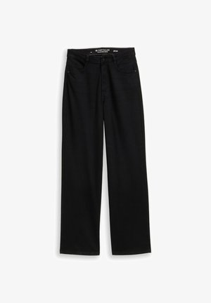 Black wide-leg jeans with button and zipper closure, front and back pockets, size 28/34, labeled Tom Tailor Timadina Wide.