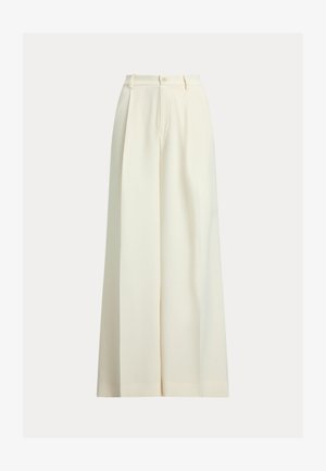 Kremfargede vide bukser laget av glatt stoff, med høy midje, to folder foran og enkel knapping.