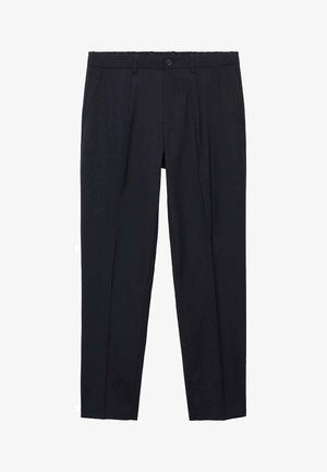 Black trousers featuring a straight-leg design, smooth fabric, belt loops, button closure, and front pockets. No visible patterns or accents.