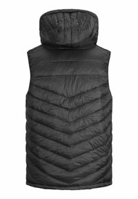 Black puffer vest with a hood, featuring a chevron pattern, quilted texture, and a sleeveless design, made from lightweight synthetic material.