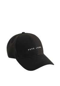 Gorra de béisbol negra hecha de tela con visera curva. Presenta el texto blanco "PEPE JEANS" bordado en el panel frontal. Diseño clásico.