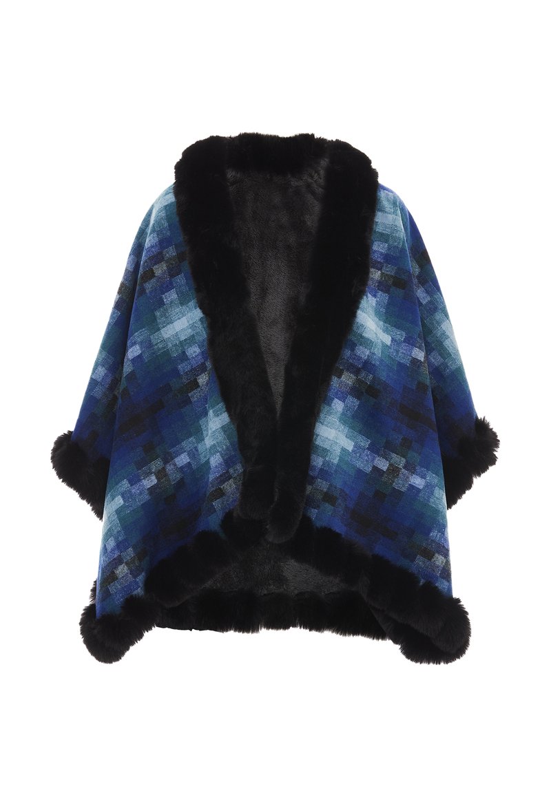 Poncho din țesătură în carouri albastre și negre, având un guler și margini din blană artificială neagră. Are un design lejer cu deschideri laterale.