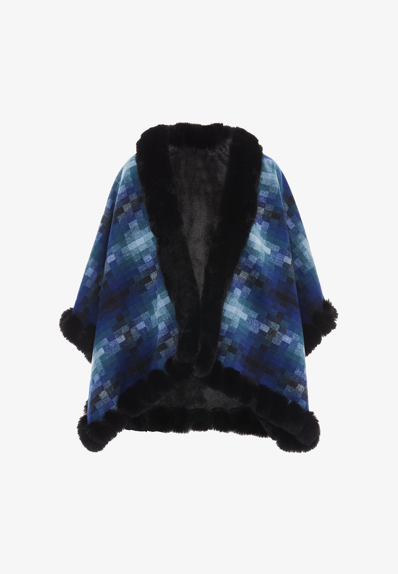 Poncho din țesătură în carouri albastre și negre, având un guler și margini din blană artificială neagră. Are un design lejer cu deschideri laterale.