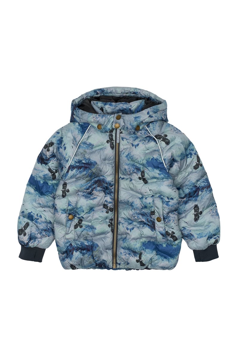 Giacca blu imbottita con stampa floreale e farfalle, dotata di cappuccio, chiusura con zip e polsini elasticizzati.