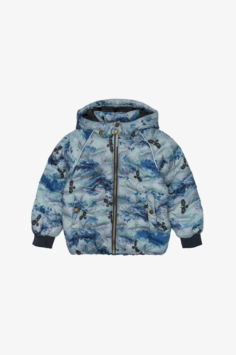 Minkštas mėlynas švarkas su gėlių ir drugelių raštu, turi kapisoną, užtrauktuko uždarymą ir elastines rankoves.