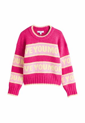 Pink sweater with yellow "LOVE YOU MORE" text, ribbed cuffs and hem, crew neck design, soft texture, and relaxed fit.