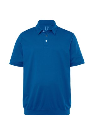 Blaues Poloshirt aus weichem Material, mit klassischem Kragen, drei Knöpfen vorne und kurzen Ärmeln in lässiger Passform.