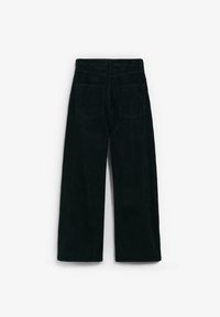 Pantalones de pana negros con piernas anchas, textura de ribete vertical, dos bolsillos traseros y una cintura elástica para mayor comodidad.