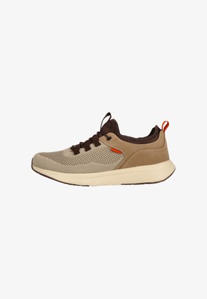 Light tan mesh sneaker with dark brown accents, featuring a padded collar, brown laces, and an orange tab on the heel; lightweight design.