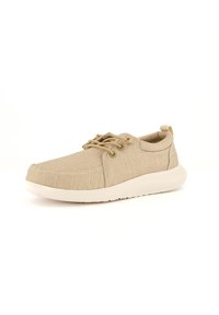 Beige Leinen-Schuhe mit runder Zehenpartie, Schnürdesign, subtiler Textur, weicher Sohle und einem kleinen Fersen-Tab für einfachen Einstieg.