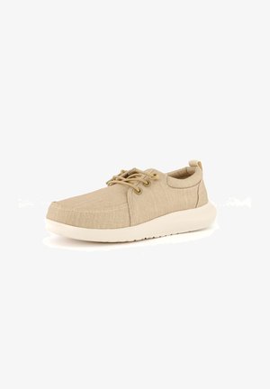 Beige Leinen-Schuhe mit runder Zehenpartie, Schnürdesign, subtiler Textur, weicher Sohle und einem kleinen Fersen-Tab für einfachen Einstieg.