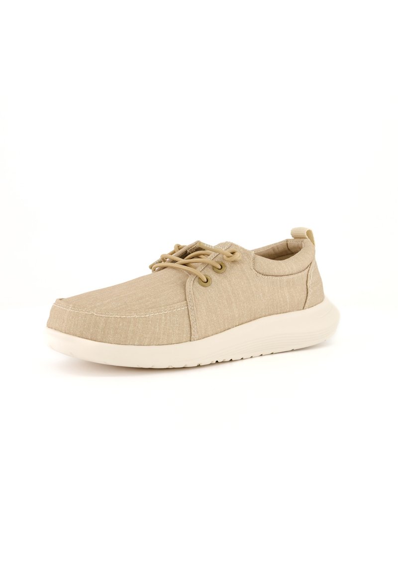 Beige Leinen-Schuhe mit runder Zehenpartie, Schnürdesign, subtiler Textur, weicher Sohle und einem kleinen Fersen-Tab für einfachen Einstieg.