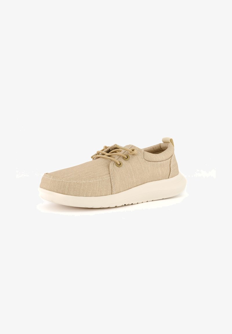 Beige Leinen-Schuhe mit runder Zehenpartie, Schnürdesign, subtiler Textur, weicher Sohle und einem kleinen Fersen-Tab für einfachen Einstieg.