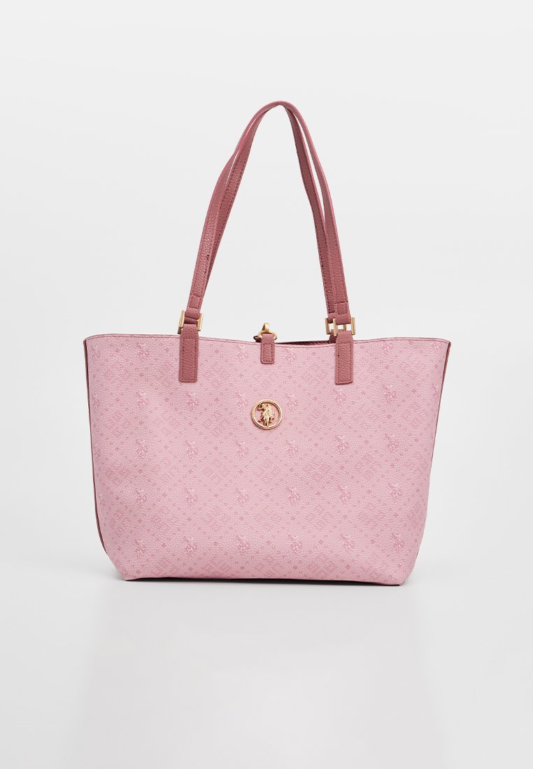 Sac fourre-tout rose avec une forme structurée, un matériau texturé, des accessoires dorés et un détail de logo sur le devant. Doubles poignées pour l'épaule.