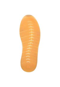 Sohle eines Schuhs, die aus einem strukturierten, orangefarbenen Gummi-Material mit einem gemusterten Profil für verbesserten Halt besteht.