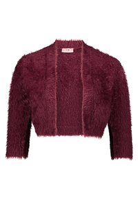 Cardigan court bordeaux avec une texture duveteuse, doté de manches trois-quarts et d'un design ouvert à l'avant.