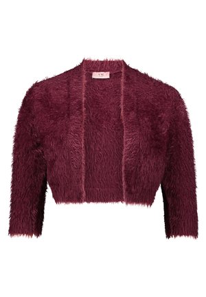 Corta cardigan bordeaux con texture pelosa, presenta maniche a tre quarti e un design aperto davanti.