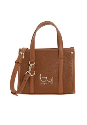 Borsa a mano in pelle marrone strutturata con doppi manici superiori, tracolla regolabile e logo "Byblos" in argento sul pannello anteriore.