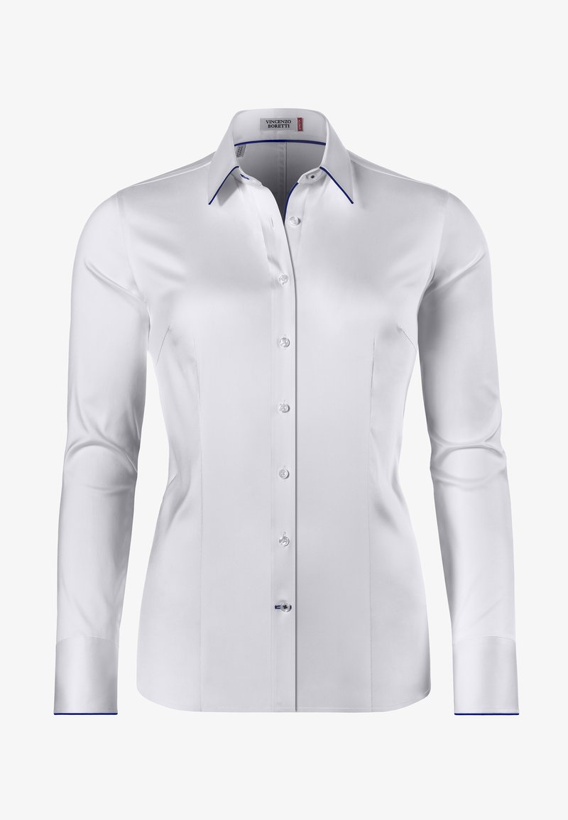 Witte overhemdbloes met lange mouwen, gladde stof, contrasterende blauwe details op de kraag en manchetten, en heldere knopen. Slim fit.