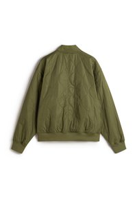 Olive green quilted jacket with a ribbed collar and cuffs, featuring a smooth texture and a clean, minimalist design.