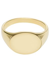 Gouden metalen ring met een gladde, gepolijste oppervlakte en een langgerekte ovale bovenkant. Eenvoudig ontwerp met een licht afgeronde band.