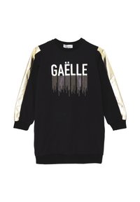 Abito nero con maniche metalliche oro, con la scritta "GAËLLE" in strass bianchi sul davanti. Tessuto morbido, maniche lunghe e polsini a coste.
