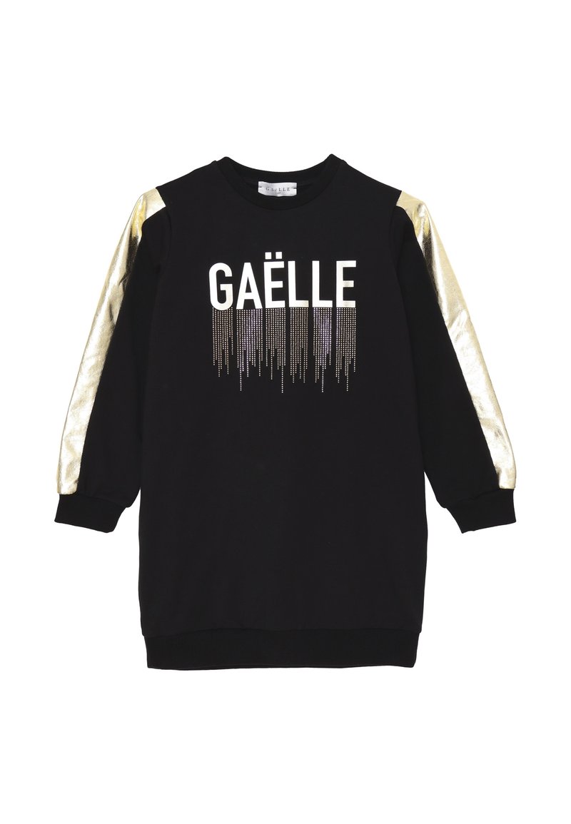 Abito nero con maniche metalliche oro, con la scritta "GAËLLE" in strass bianchi sul davanti. Tessuto morbido, maniche lunghe e polsini a coste.