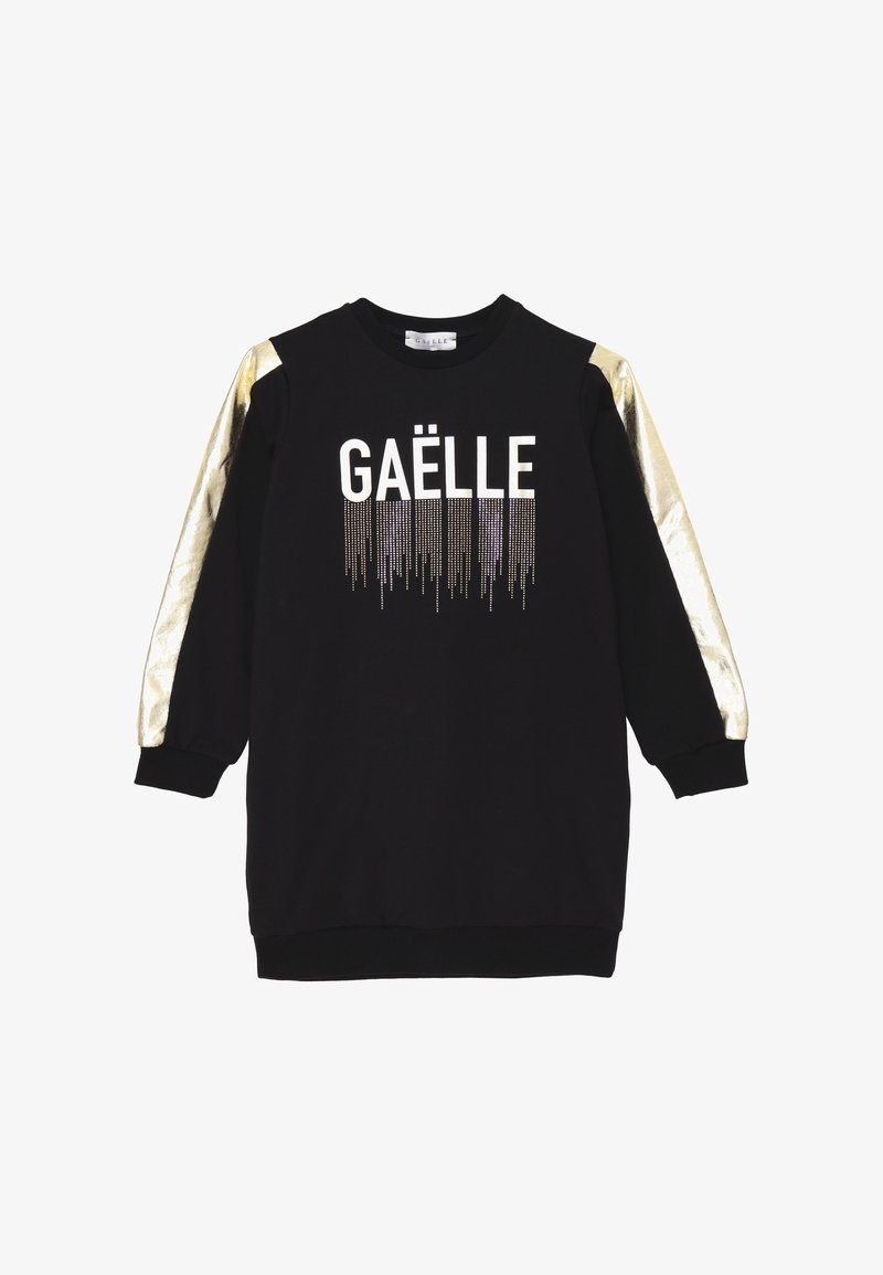 Abito nero con maniche metalliche oro, con la scritta "GAËLLE" in strass bianchi sul davanti. Tessuto morbido, maniche lunghe e polsini a coste.