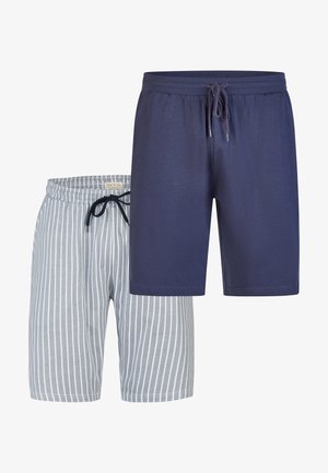 Zwei Herren-Shorts: ein solid navyfarbenes mit Kordelzug und eines in Hellgrau mit weißen Vertikalstreifen und schwarzem Kordelzug.