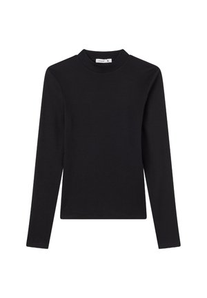 Top nero a manica lunga con collo alto, realizzato in tessuto a coste. Presenta una silhouette aderente e un design semplice senza decorazioni.