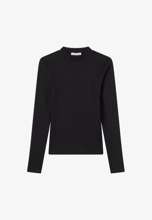 Czarna bluzka z długim rękawem i wysokim kołnierzem, wykonana z prążkowanej tkaniny. Posiada dopasowany krój i prosty design bez ozdób.