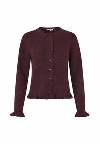 Burgundský pletený kardigán s dlhými rukávmi, okrúhlym výstrihom, volánikovým predným pásikom a zhromaždeným lemom. Obsahuje gombíkové zapínanie a textúrovanú tkaninu.