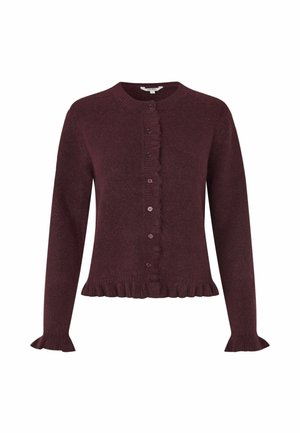 Burgundský pletený cardigan s dlouhými rukávy, kulatým výstřihem, volánkovým předním límcem a nařaseným lemem. Má zapínání na knoflíky a strukturovanou látku.