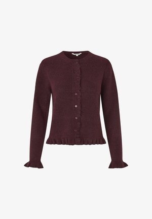 Burgundský pletený cardigan s dlouhými rukávy, kulatým výstřihem, volánkovým předním límcem a nařaseným lemem. Má zapínání na knoflíky a strukturovanou látku.