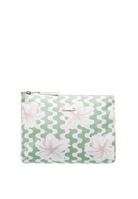 Puzdro s kvetinovým vzorom na zelenom pozadí a bielym vlnitým dizajnom. Obsahuje svetloružové ibiškové kvety a kovový zips.