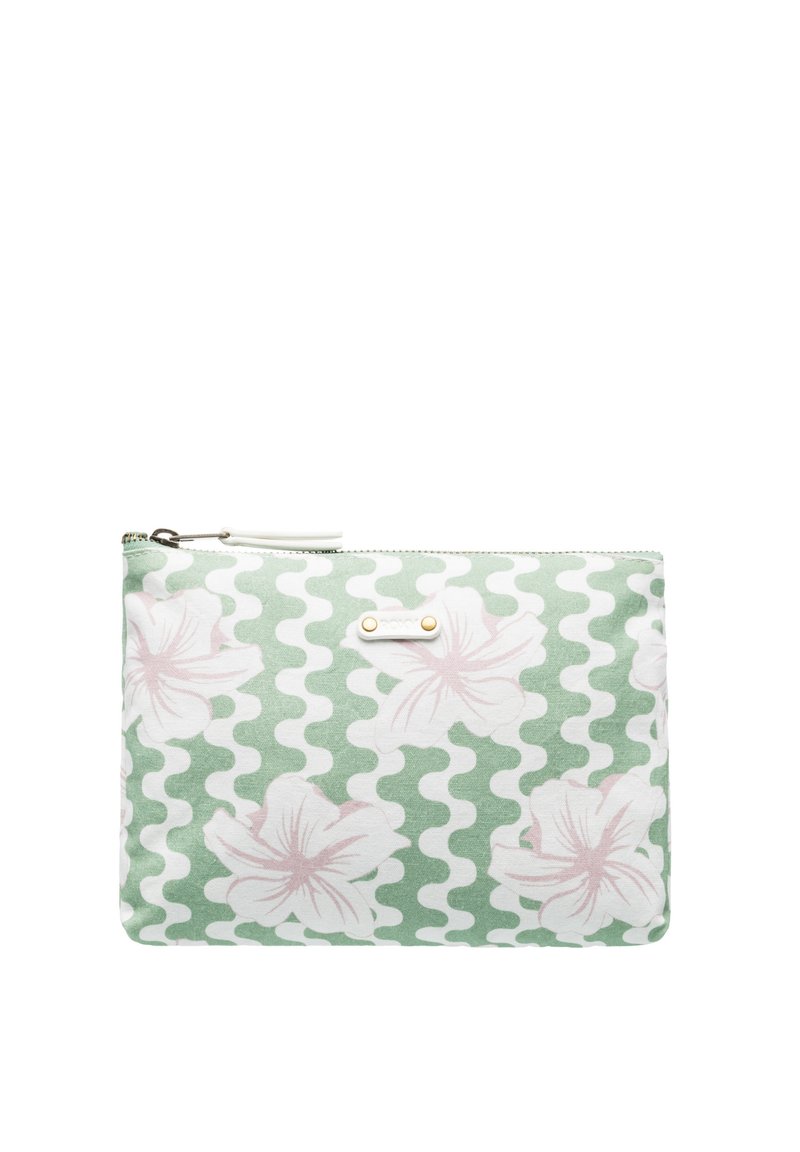 Puzdro s kvetinovým vzorom na zelenom pozadí a bielym vlnitým dizajnom. Obsahuje svetloružové ibiškové kvety a kovový zips.