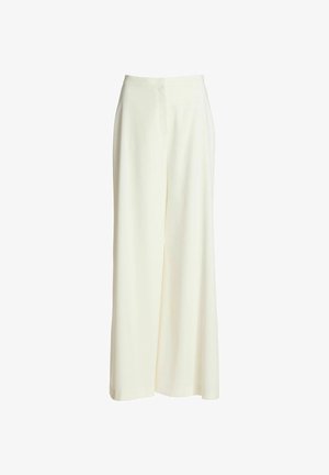 Ecru wijde broek met een hoge taille en knoopsluiting aan de voorkant, afgebeeld tegen een witte achtergrond.