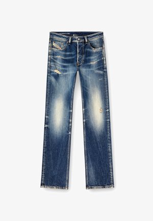 Modré džíny s uvoľneným strihom, s vyblednutými miestami, žmolkami a poškodenými nášivkami. Klasický dizajn s piatimi vreckami a prešitými švami.