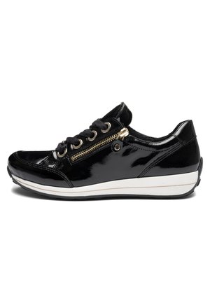 Black patent leather sneaker with thick white sole, black laces, and gold side zipper on outer side.