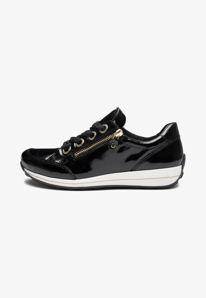 Black patent leather sneaker with thick white sole, black laces, and gold side zipper on outer side.