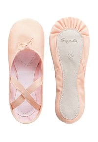 Blassrosa Ballettschuhe mit einem weichen Stoff-Obermaterial, elastischen Kreuzriemen und einem gerafften Rücken. Das Innere verfügt über eine gepolsterte Innensohle. Größe 29.
