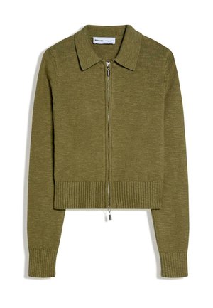 Olivovo zelený pletený kardigán na zips s dlhými rukávmi, rebrovanými manžetami a lemom a špicatým golierom.